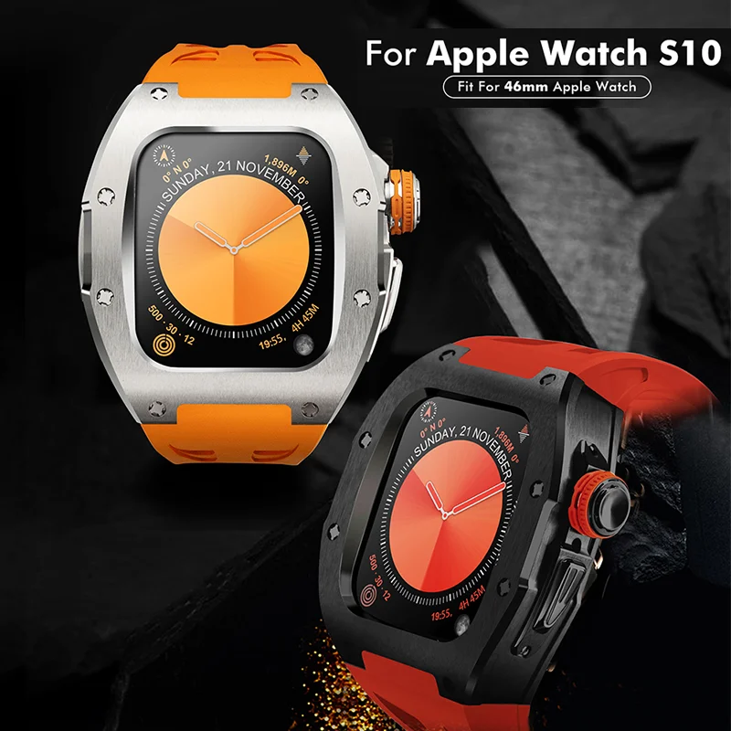 Luxury Modification Kit for Apple Watch S10 46mm Rubber Strap Sports for IWatch Series 10 46 Refit Mod Sport Band+Case