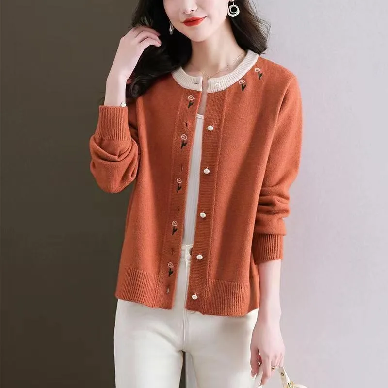 

Весенне-осенний вязаный кардиган с вышивкой для женщин, свободный 2025, модный короткий свитер с круглым вырезом, куртка, топ