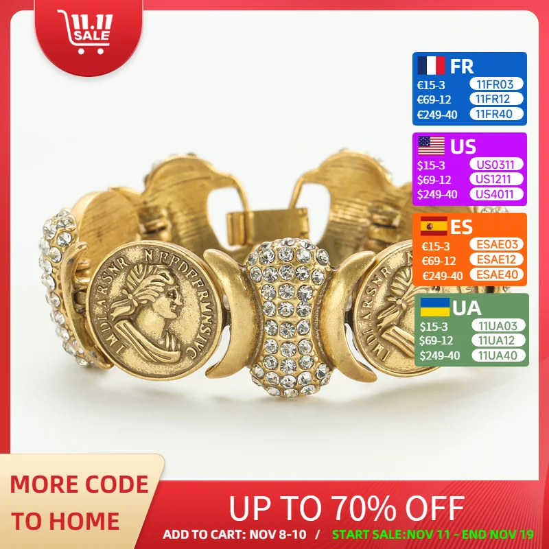 

Vintage Ancient Coins Bangle Avatar Carving Charm Bracelets For Women Retro Gothic Jewelry Pale Gold Color Accessories 2025 New