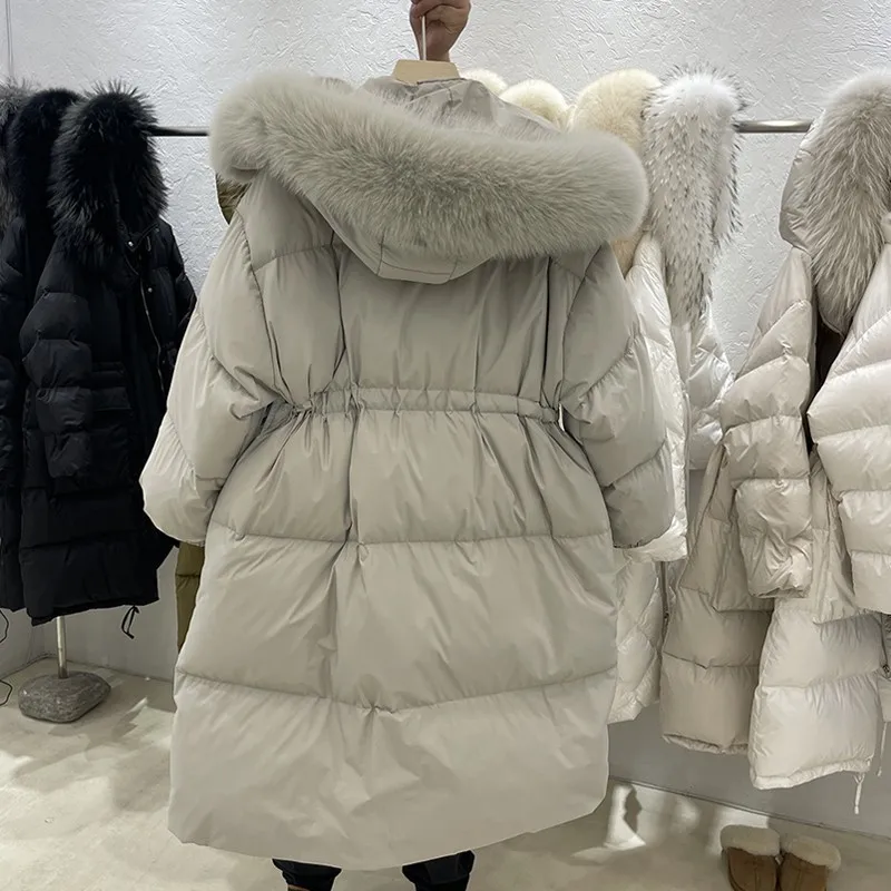 Lange Puffer Jacke Frauen 2022 Neue Winter 90% Weiße Ente Unten Mantel Weibliche Dicke Warme Mit Kapuze Große Waschbären Pelz Schnee parkas