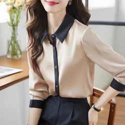 Women Clothing Fashion Patchwork Solid Chiffon Shirt Autumn Elegant Versatile Long Sleeve Blouses Office Lady Chic Career Tops