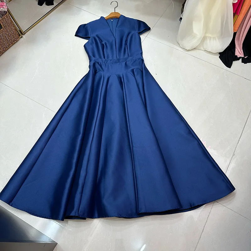 

KT Women's Navy Blue Satin Evening Dress, Cap Sleeve V-Neck with Structured Waist & A-Line Skirt, Perfect for Weddings & Events