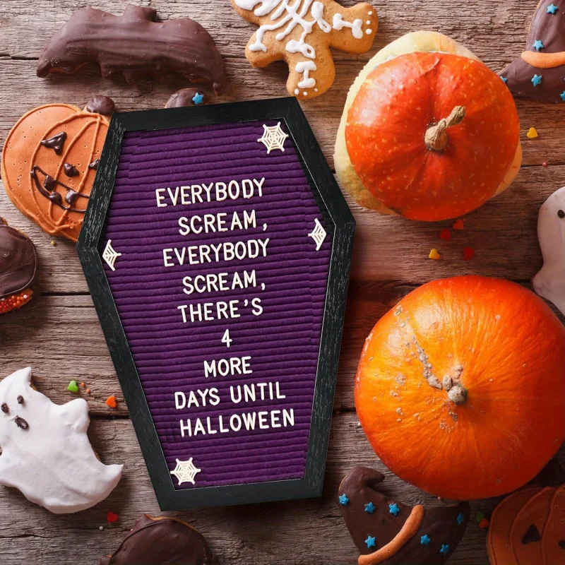 1set Coffin Letter Board,Black Goth Decor with Bat Stickers Spooky Emojis Wood and Felt board,Sawtooth hanger,Tabletop Stand
