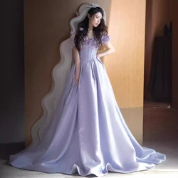 Purple Evening Dress Art Exam Wedding Dinner Birthday Party Princess Dress Bride Toast Dress 2024 New Fashion Large Hem Design