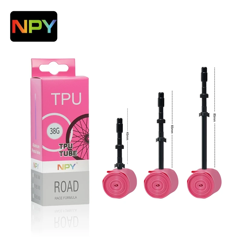 

1/2 упаковки трубок NPY из ТПУ 700x18-32, внутренние трубки для шоссейного велосипеда, клапан Presta из алюминиевого сплава 45/65/85 мм со съемным сердечником (38 г, черный)