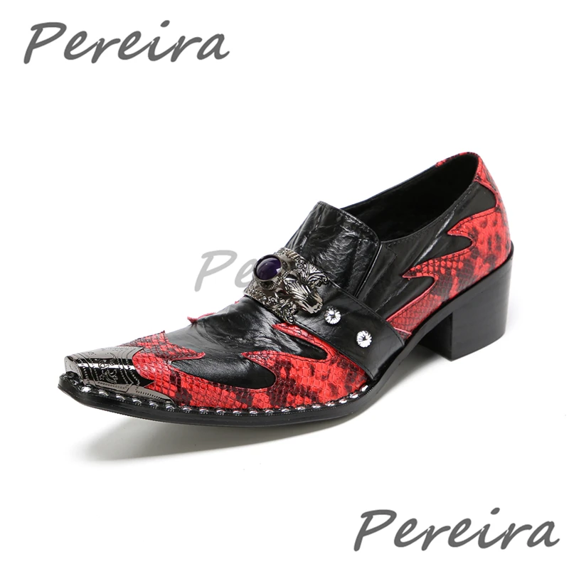 Red and Black Mixed Colors Genuine Leather Men's Shoes Iron Pointed Toe Slip-On High Heel Loafers Punk Style Party Male Shoes