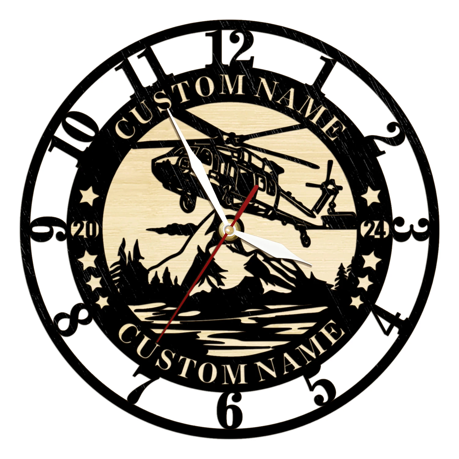 Personalized Black Hawk Helicopter Wooden Wall Clock Custom Name Aviation Silent Quartz Wall Clock Man Cave Pilot Home Decor