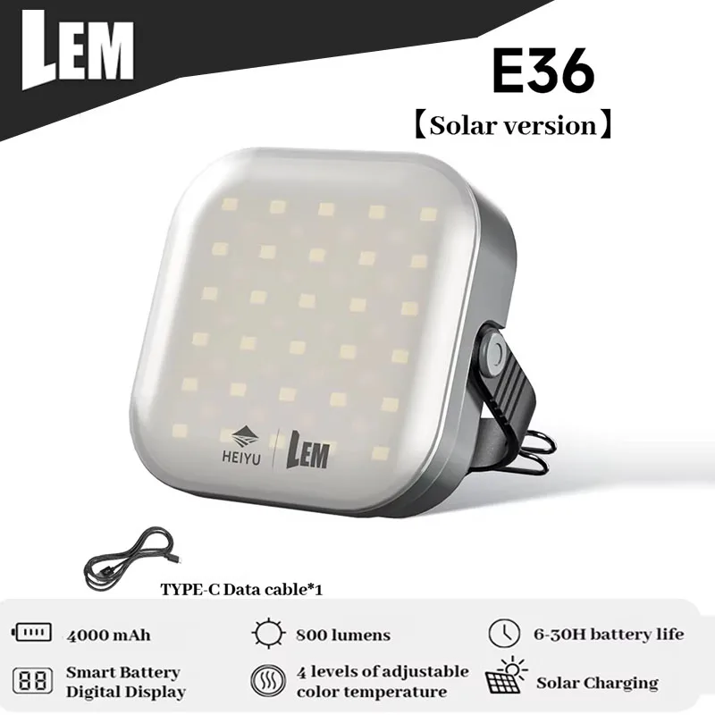 

LEM Солнечная лампа для кемпинга, уличный светодиодный светильник 800 лм, долговечный перезаряжаемый водонепроницаемый светильник для палатки, цифровой дисплей и дизайн крючка