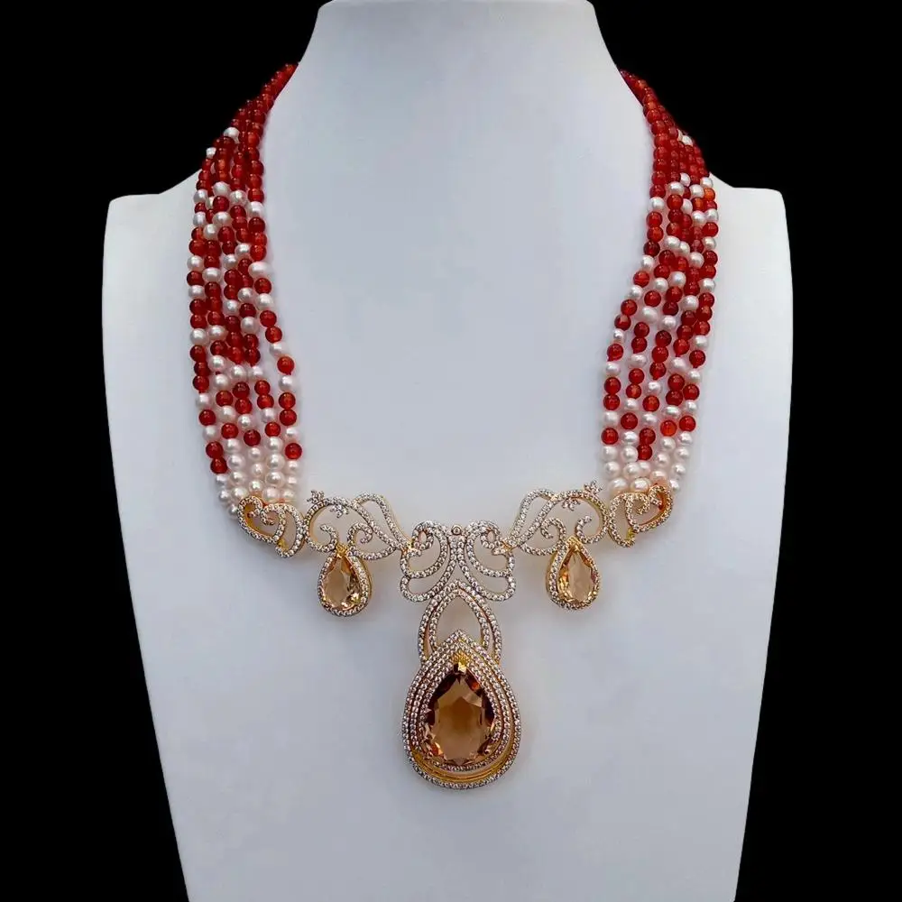 

Y.YING 5 Rows Cultured White Pearl Red Agate Statement Necklace Cz Pave Big Pendant