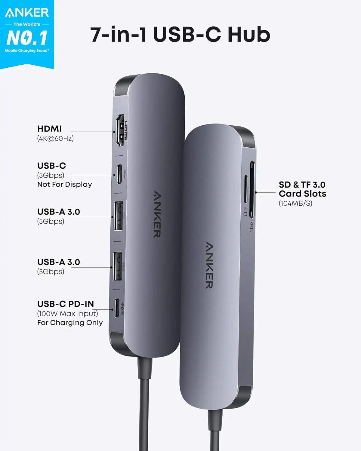Anker USB C Hub 7-in-1 Multi-Port USB Adapter for Laptops Docking Station 4K60Hz USB C to HDMI Splitter 85W Max Power Delivery