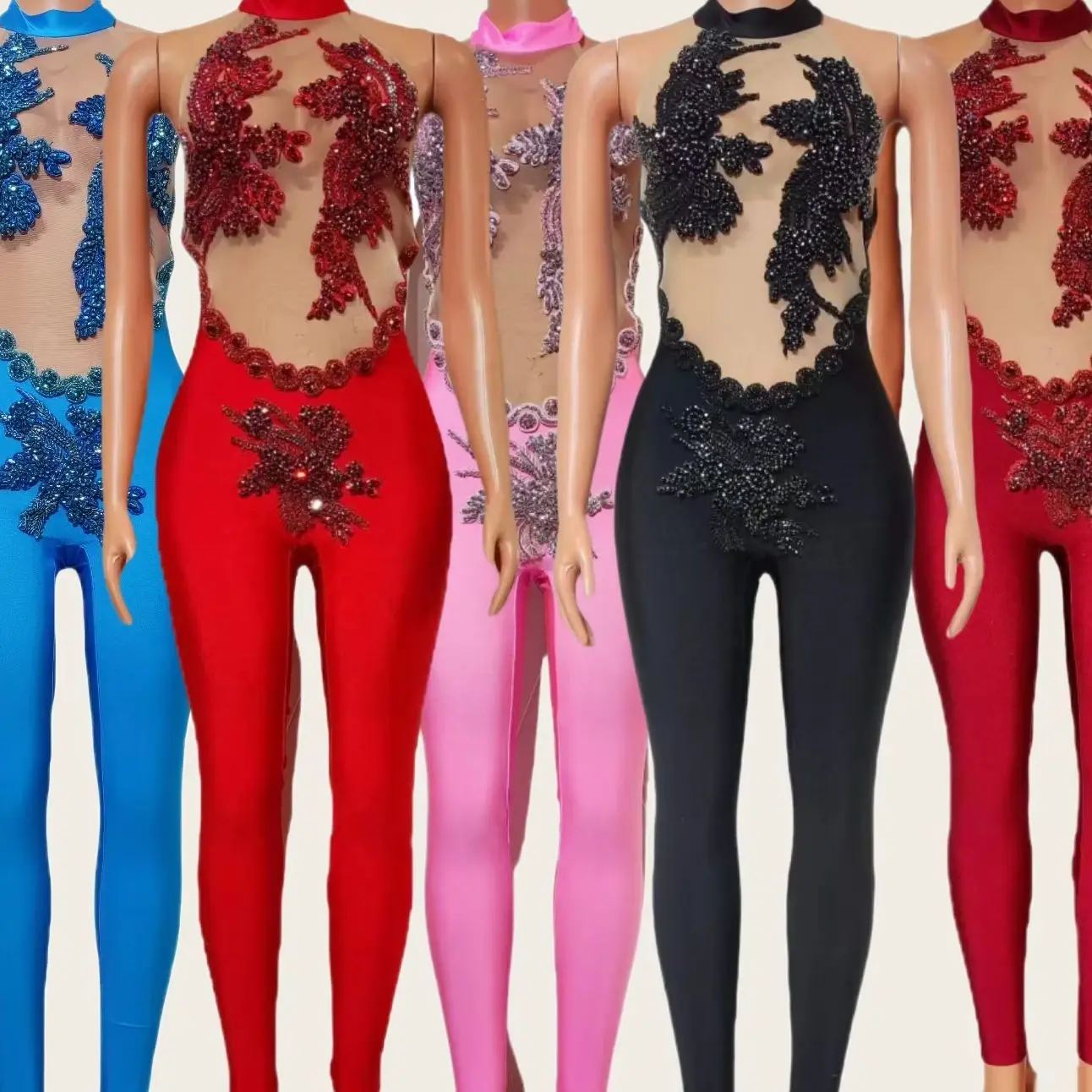 Sequins Crystals Sleeveless Mesh Spandex Jumpsuit Women Stage Performance Dance Wear Gymnastics Elastic Low Back Bodysuit Gongqi