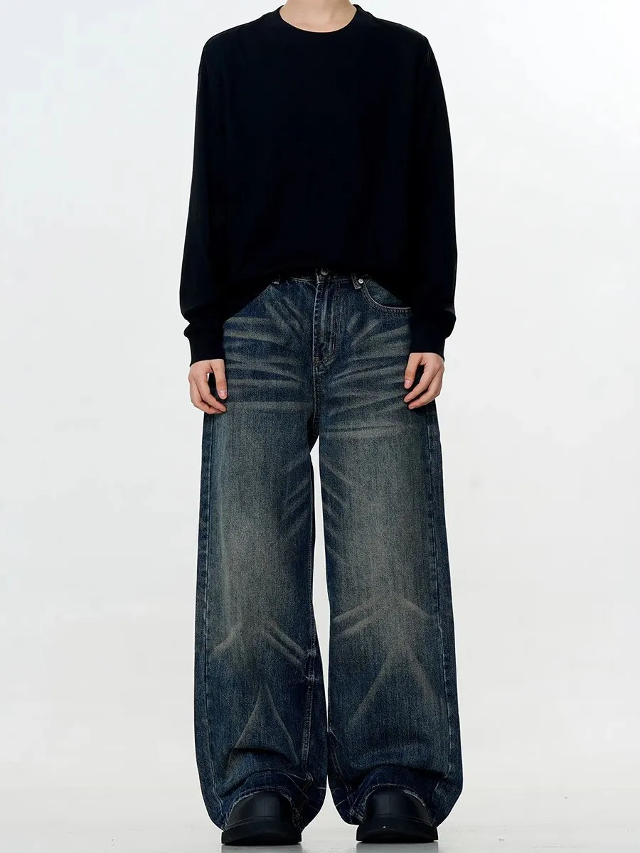 미국 빈티지 루즈 스트레이트 레그 남성용 청바지 워싱 디스트레스드 캐주얼 내구성 중간 높이 허리 긴 바지