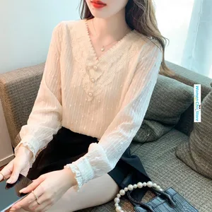 Women Chic V-neck Lace Spliced Long Sleeve Blouse Tops Spring Autumn Elegant French Style Casual Loose Shirt Lady Camisas 6464