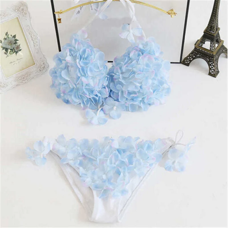 Bikini Floral hecho a mano para mujer, traje de baño de realce, Bikini con Tanga de perlas, bañador Halter