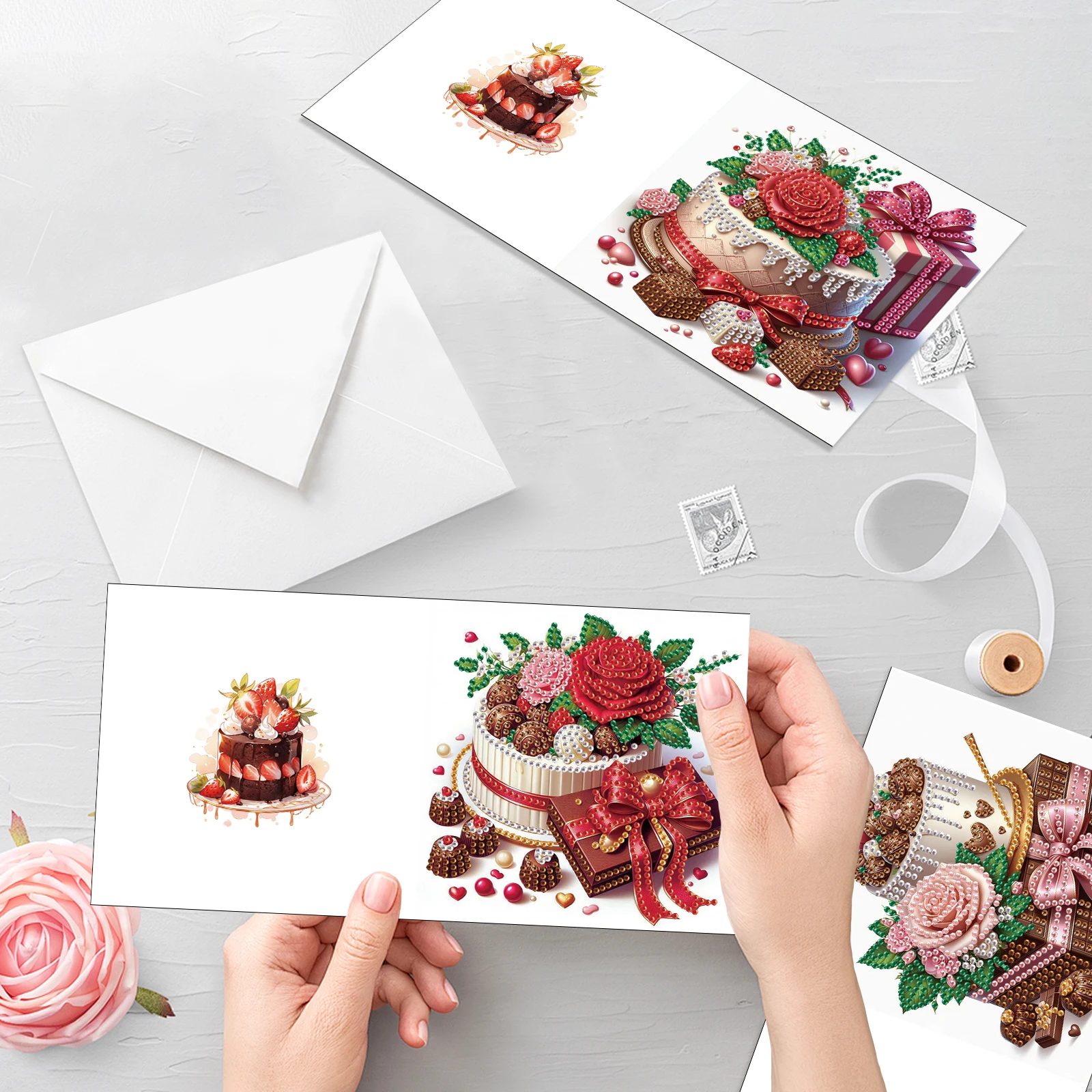 6 قطع من مجموعات بطاقات المعايدة للرسم الفني الماسي، بطاقات تهنئة لموضوع المهرجان مع مغلفات بطاقات عيد ميلاد حرفية ماسية هدية