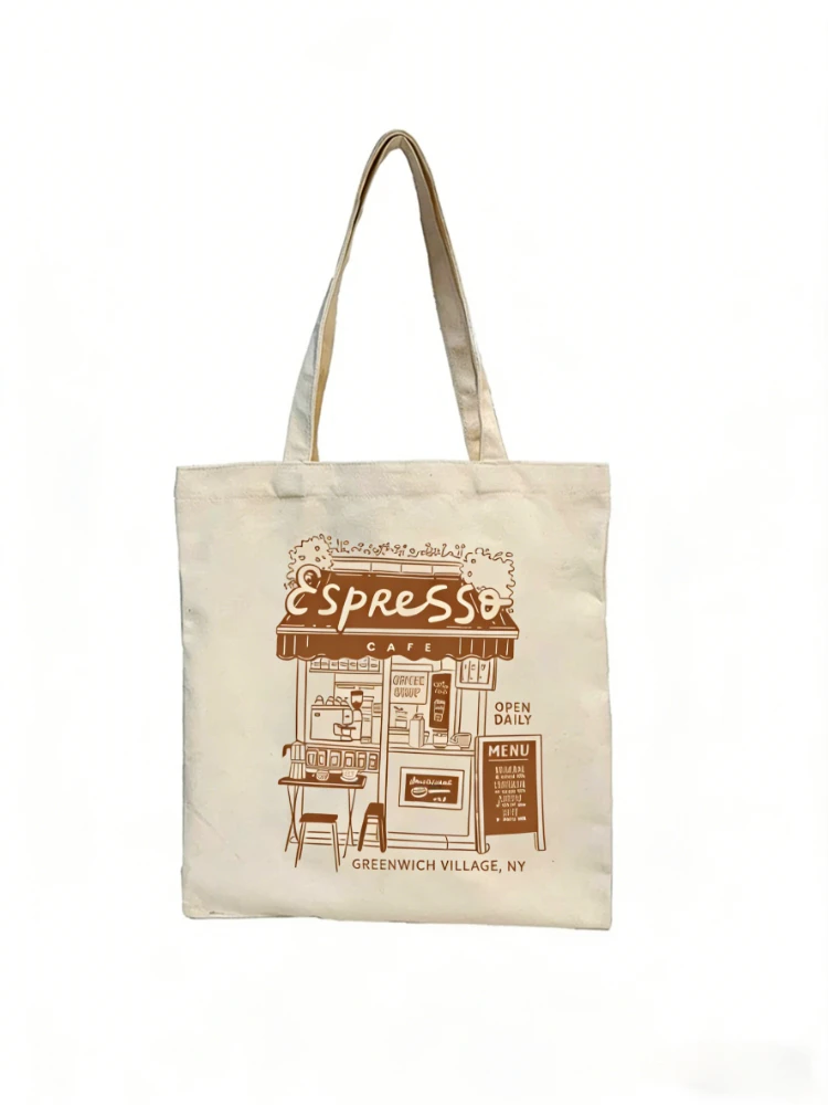 1pcs Student Single Shoulder Backpack Fashionable Simple Stylish Commuting Tote Bag Espresso Cafe Pattern Canvas Bag Best Gift