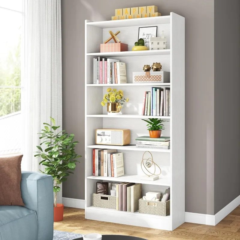 78-Inch Tall Bookcase with Storage Modern 7-Shelf White Library Bookcase, Large Open Bookcase, Wooden Display Shelves