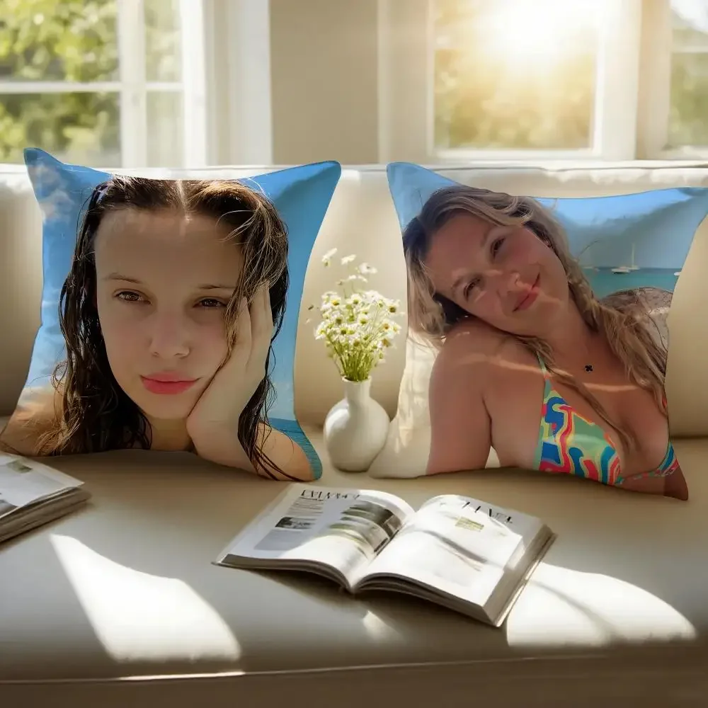 Actress M-Millie Bobby Brown Cushion Cover Pillowcase Anti-dustmite Invisible Zipper Short Plush Sofa Cushion