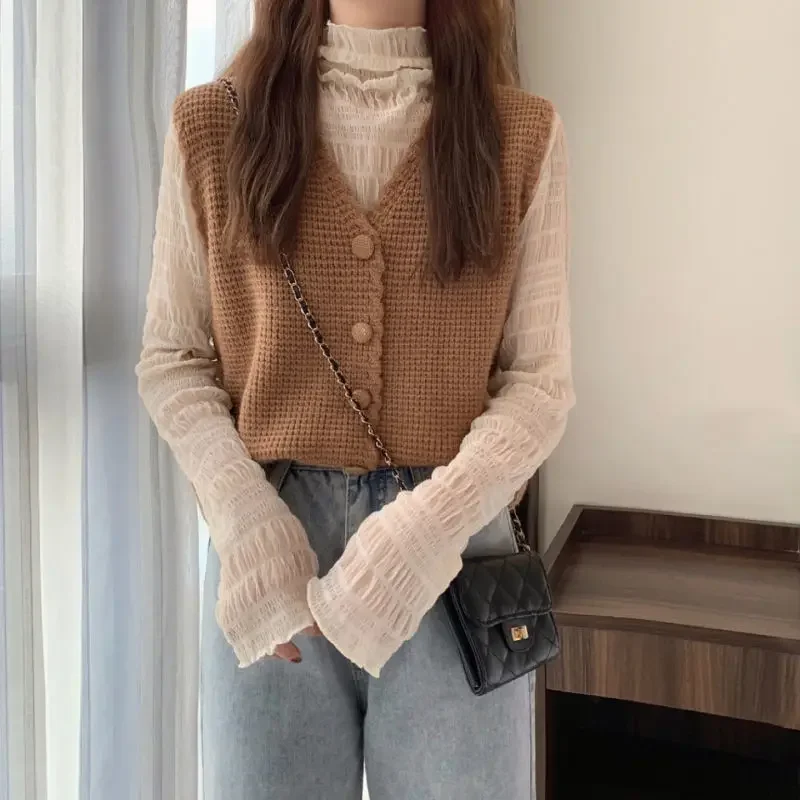 

Свитер-жилеты женские популярные вязаные милые Femme универсальные с v-образным вырезом новый стиль преппи модные однотонные корейские простые осенние темпераментные