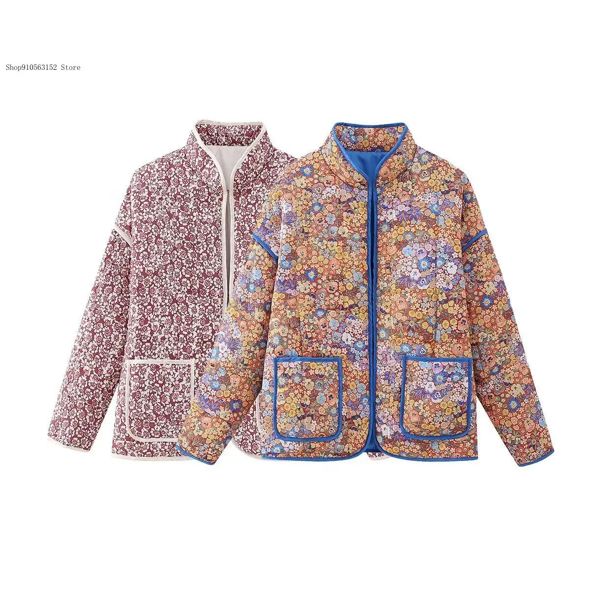 European and American Style Autumn and Winter Small Floral Loose Quilted Thick Warm Cotton Jacket for Women