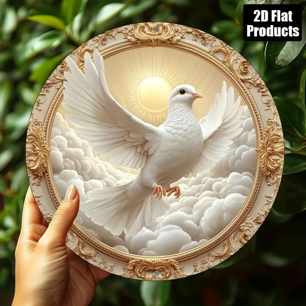 2D Metal Sign, Vintage White Dove Gold Frame Metal Wall Art 8x8 Inch, Peace Symbol Home Decor for Living Room Cafe Office, Chris