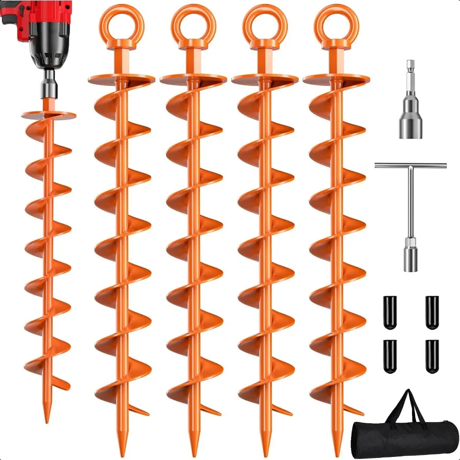 

Ground Anchor Screw in 4 Pack Spiral Trampoline Anchors with Nut and Tool Swing Set Anchors Tent Stakes High Wind Heavy Duty fo