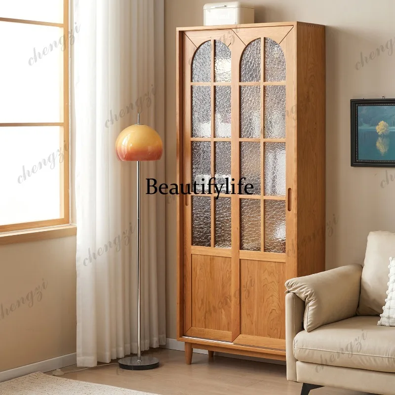 A73 Cherry wood bookcase Solid wood glass door Display cabinet Living room wall storage cabinet