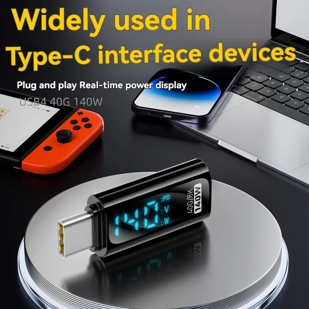 140W USB C Adapter Power Meter with Digital Display USB4 40Gbps 8K@60Hz Transfer Fast Charging Connector for Laptop Phone Tablet