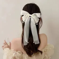 Lystrfac Fashion Long Streamer Pearl Bow Hairpin for Women Headwear Top Clip Ladies Hairgrips Female Hair Accessories