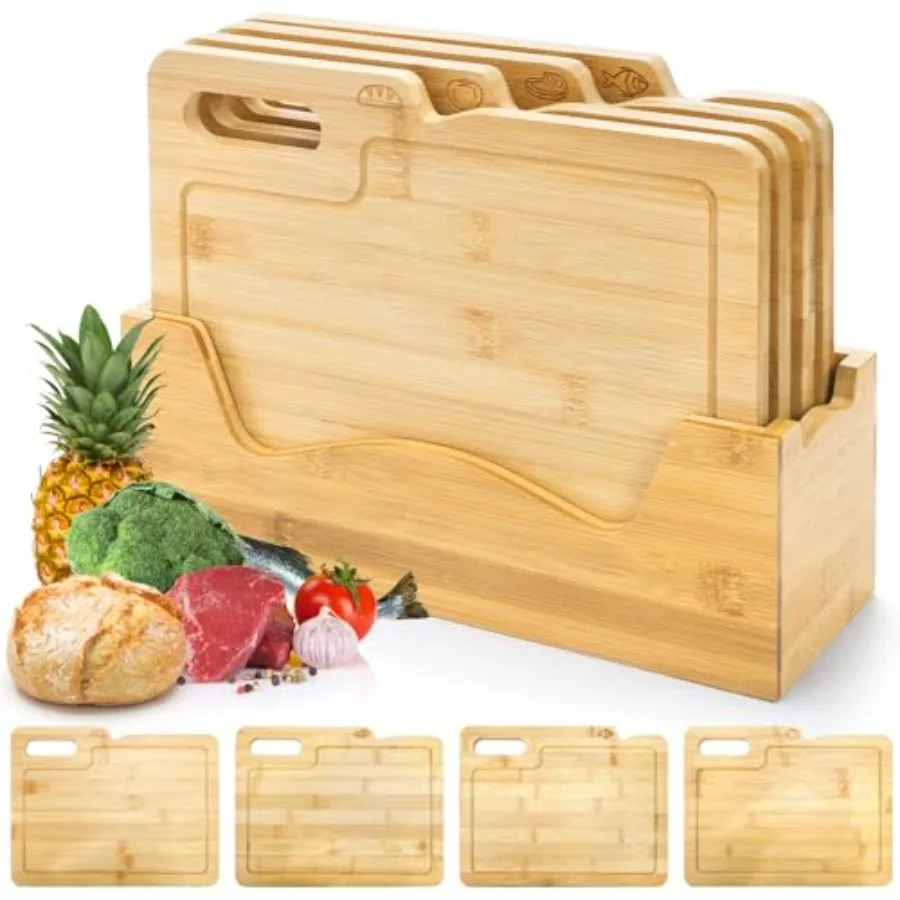 

4 Pack 12.5"L x 9.8"W Bamboo Cutting Boards with Holder, Wood Cutting Board Set, Chopping Boards Set with Food Icons, Kitchen C