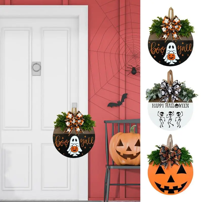 Halloween Door Sign BOO Ghost Theme Front Door Decor Spooky Wooden Round Farmhouse Welcome Sign Outdoor Indoor Home Porch