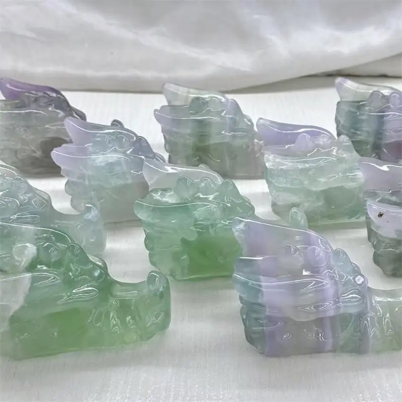 

10CM Natural Macaron Fluorite Dragon Skull Carving Crystal Powerful Energy Wicca Decor Home Decoration Gift 1pcs