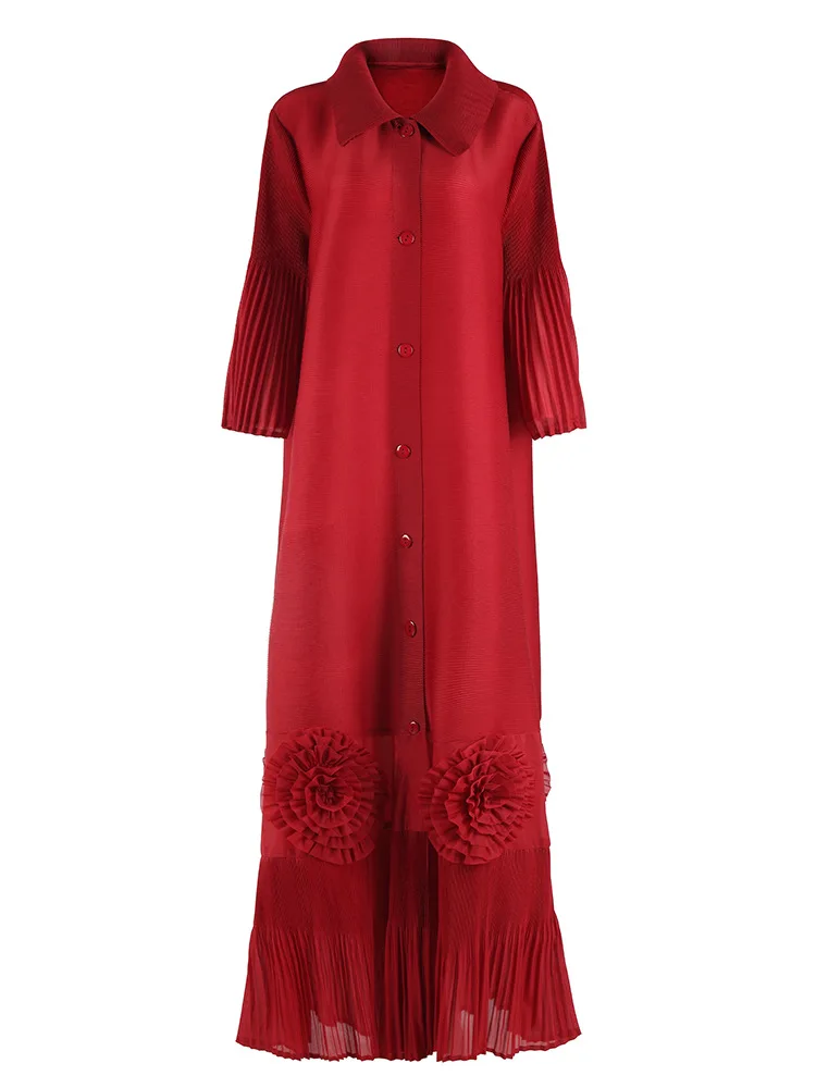 Miyake Fashion Print Pleated Long Dress Women Lapel Floral Sleeves Design Single Breasted A-line Dresses 2025 Summer New