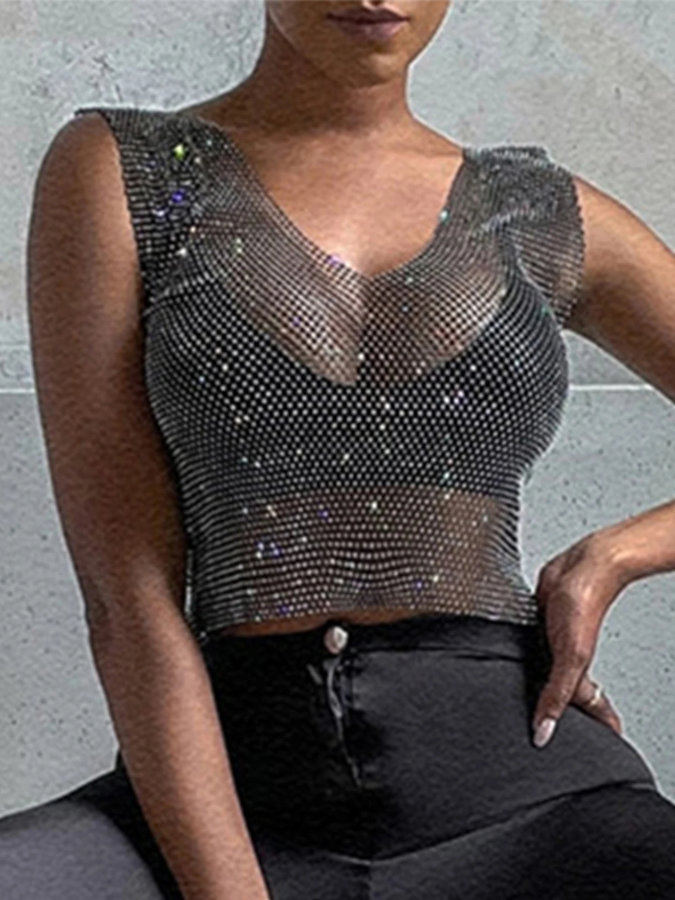 Sexy y2k Summer V Neck See Through fishnet corset crop top women Cover Up bikini Rhinestone mesh Beach party club tank tops 2026
