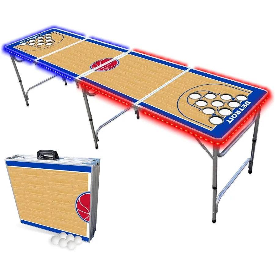 

Складной портативный стол для понга на 8 футов с дополнительными отверстиями для чашек и светодиодной подсветкой для отдыха в помещении и на открытом воздухе, идеально подходит для домашней игровой комнаты