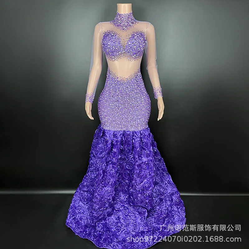 Hot Sale Purple Hot Diamond Tutu Birthday Party School Celebration Stage Model Catwalk Livehouse Wear Robe Blanche Élégante Luxe
