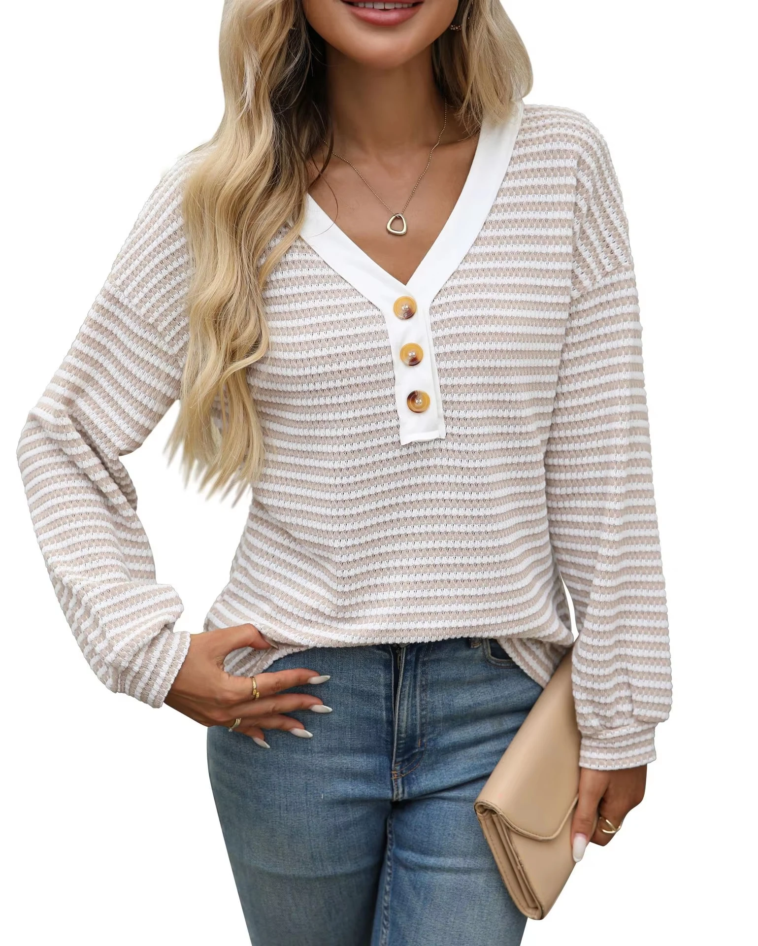 Women's V-Neck Button Casual Long Sleeve T-shirt Color Block Tee Pullover Daily Wear Multi-Color Striped Tops​​ T05