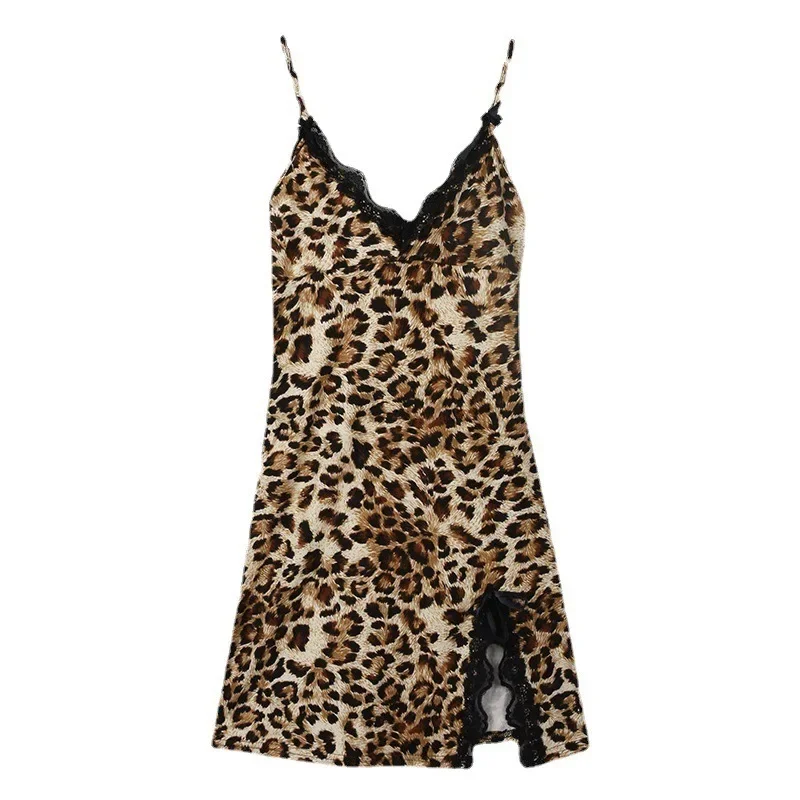 Женское ночное платье, сексуальная ночная рубашка-бандо с леопардовым принтом, комплект с кружевным бантом, сексуальная одежда для сна, летнее платье, сексуальная ночная рубашка, нижнее белье