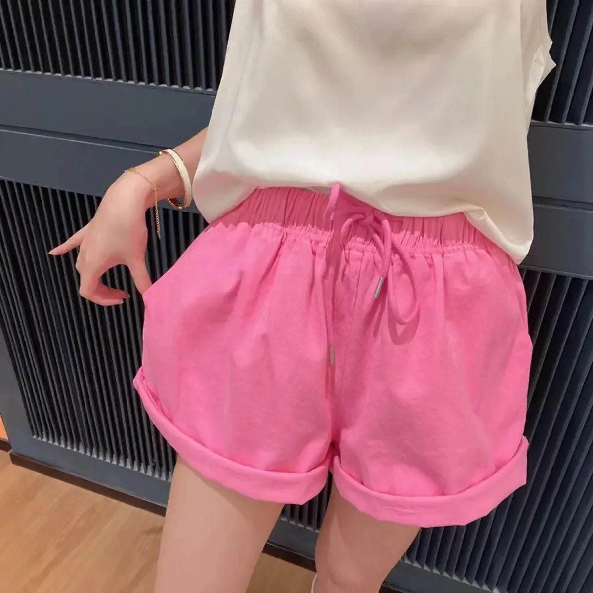 Girls pure cotton Bolaraxia new bright elastic waist versatile wide legs wear casual fashion cute shorts