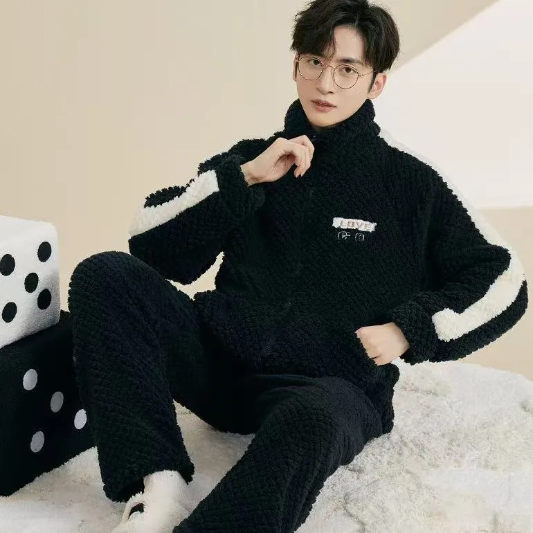 

Sleepwear Winter Men's Pajamas Men's Pajamas Fleece Thickened Warmth Zipper Stand-up Collar Casual Home Wear Set Outside