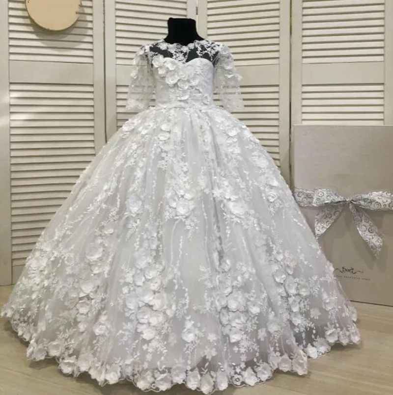 Vestido de baile de encaje de tul blanco, vestidos de niña de flores para boda, vestido de princesa de ilusión, vestido de fiesta de boda de primera comunión