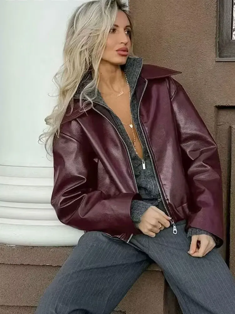 HH 2024 otoño moda urbana chaqueta Bomber de cuero para mujer Color sólido manga larga solapa cremallera mosca casual abrigos Retro