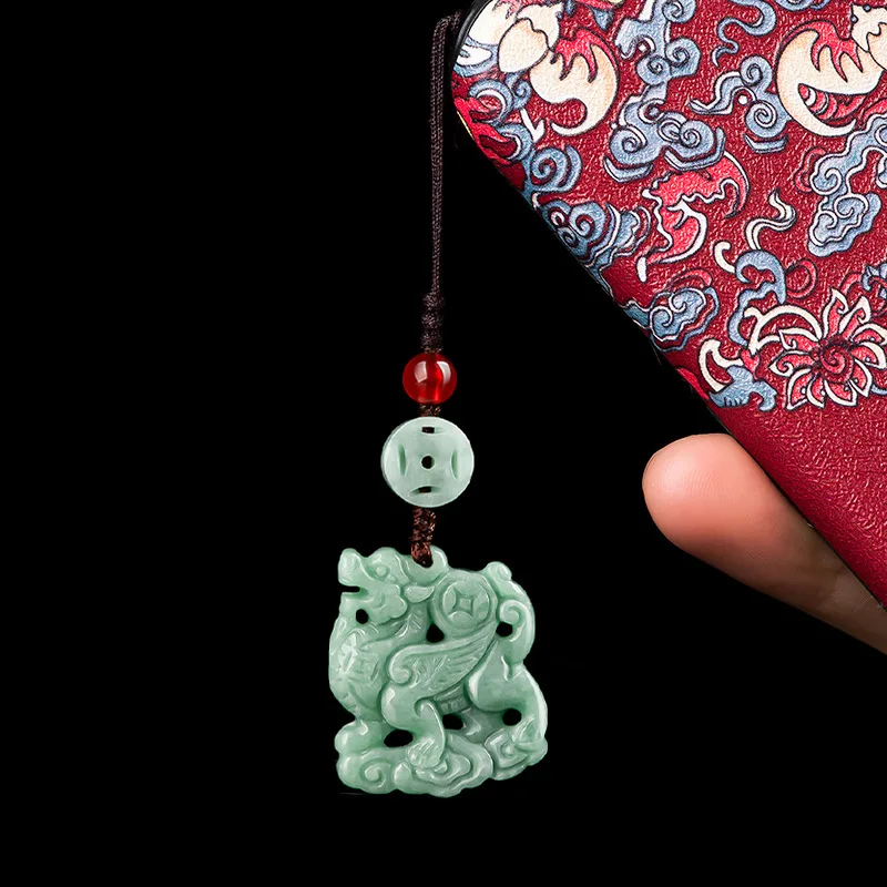 Chinese Style Natural Jade Qilin Kylin Divine Beast Handmade Woven Mobile Phone Pendant