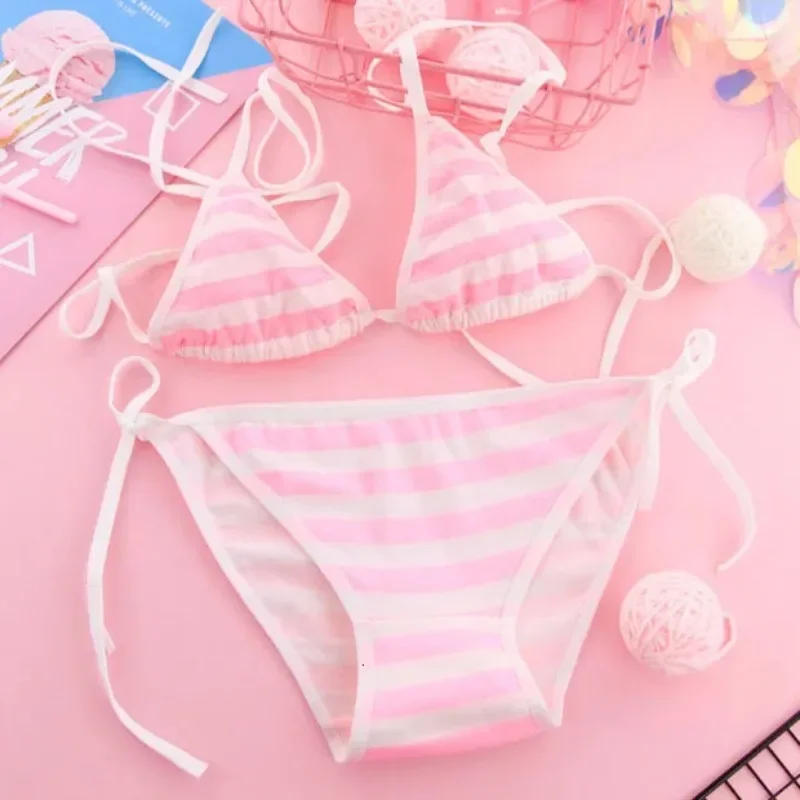 Japanese Lolita Kawaii Striped Mini Bra Set Women Sexy Lingerie Set Adult Cosplay Erotic Costumes Underwear