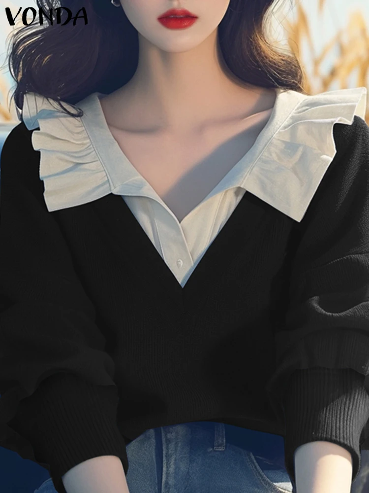 Moda blusa outono retalhos pulôver feminino casual solto manga longa blusas moda botão lapela gola topos 2025 vonda