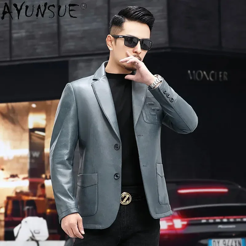 

Men's Genuine Leather Jacket Men Pure Sheepskin Business Casual Suit Jackets with Two Button Printed Natural Clothes FCY