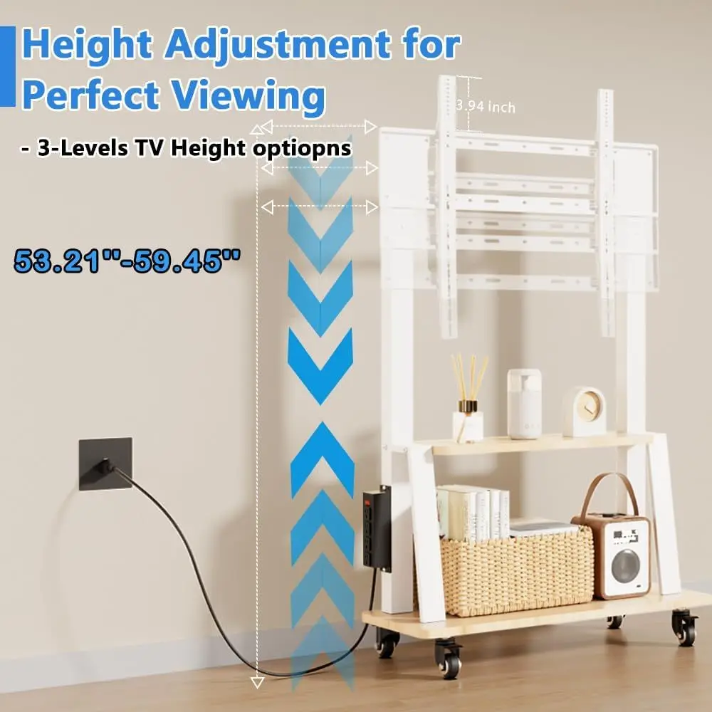 حامل تلفزيون متنقل مع مخرج طاقة، حامل تلفزيون محمول على رف خشبي على عجلات لتلفزيون 32 إلى 55 65 70 75 بوصة، ارتفاع قابل للتعديل #4