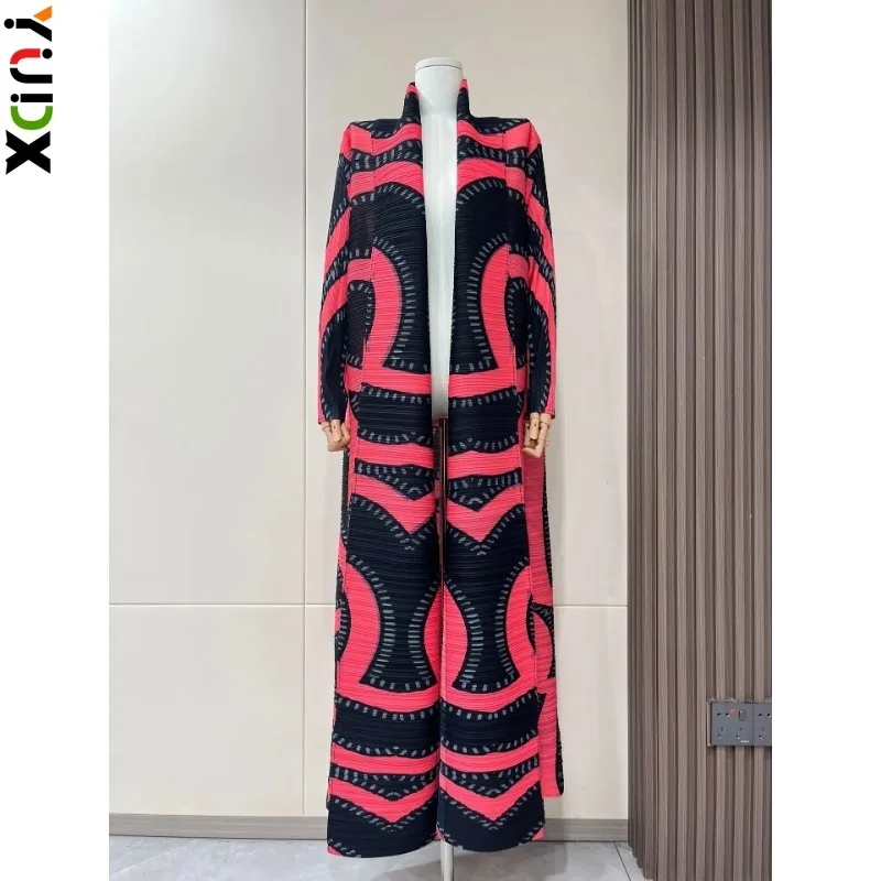 

YUDX Streetwear Striped Print Pleated Long Coat Women Contrast Color Loose Belt Gathered Waist Windbreaker 2024 New