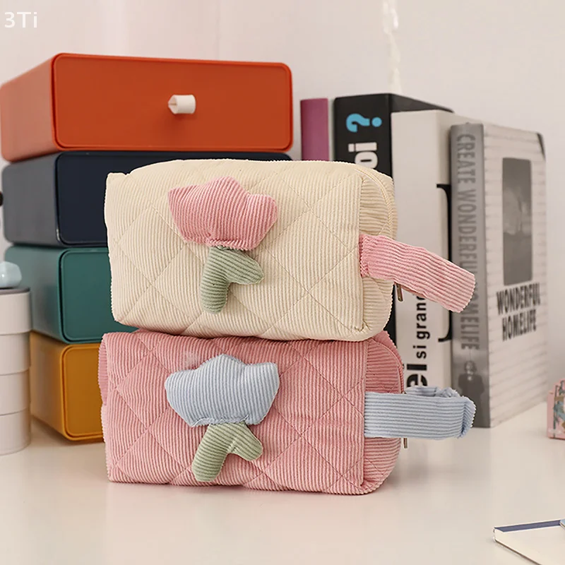 Borsa per cosmetici in velluto a coste Tulip Borsa da viaggio portatile per matite di grande capacità Custodia per organizer Borsa per trucco Borsa per il lavaggio Borsa da toilette