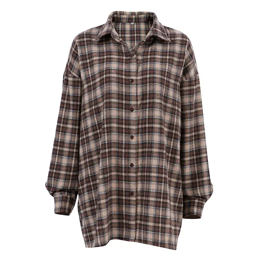 Vintage Plaid Shirts Women Loose Gingham Female Blouse Autumn 2023 Button Top Shacket Oversized Long Shirts Ladies